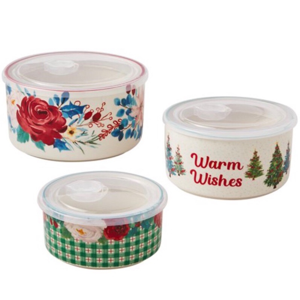 Pioneer Woman Warm Wishes 6 Piece Ceramic Holiday Container Set w Vented Lids